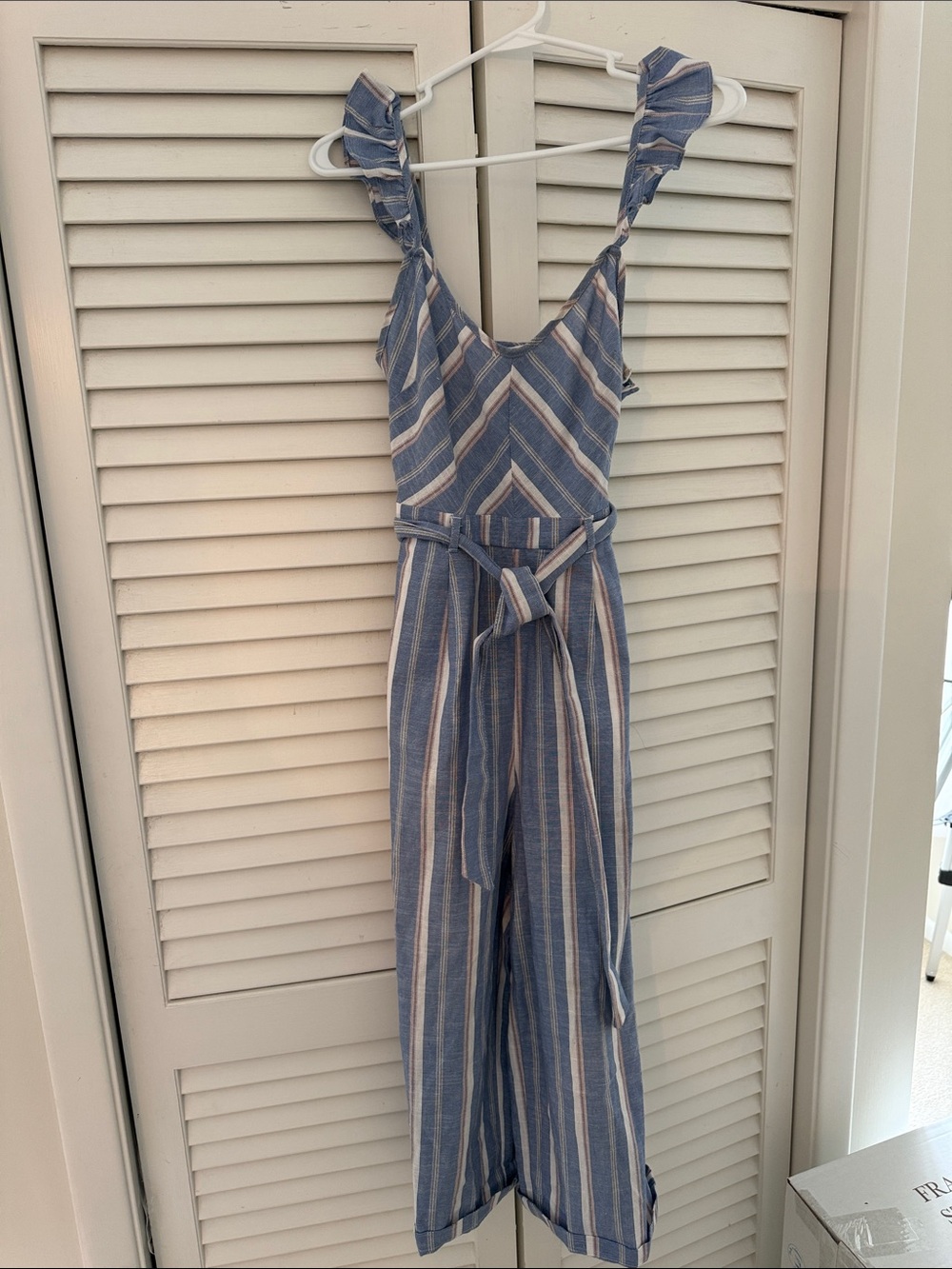 Women's Blue & White Striped Ruffle-Strap Jumpsuit